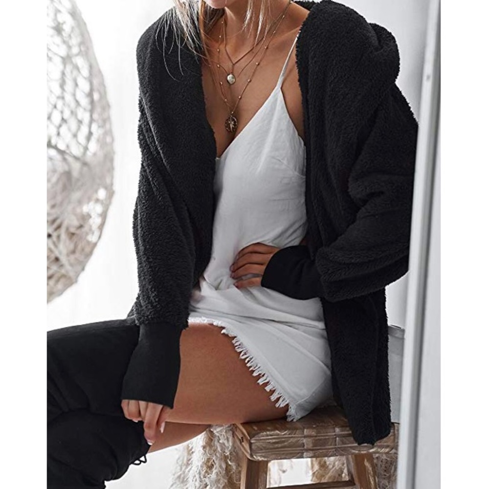 🖤BRIELLE Womans Fuzzy Hooded Cardigan Sweater🖤